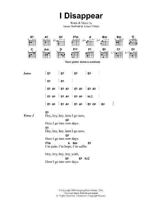 Metallica I Disappear sheet music notes and chords. Download Printable PDF.