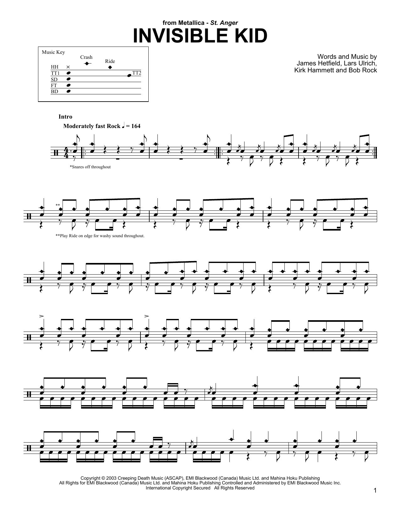 Metallica Invisible Kid sheet music notes and chords. Download Printable PDF.