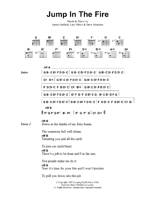 Metallica Jump In The Fire sheet music notes and chords. Download Printable PDF.