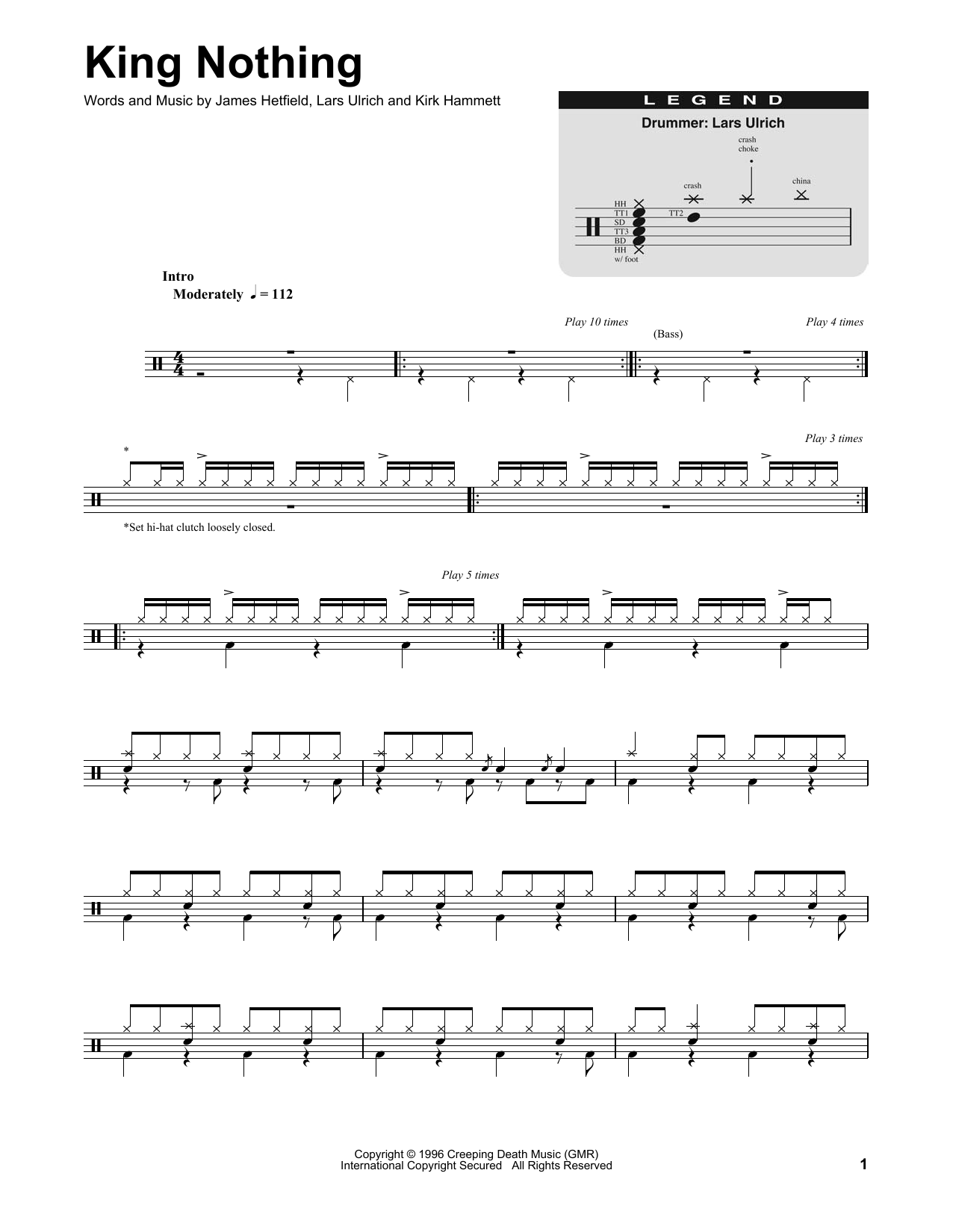 Metallica King Nothing sheet music notes and chords. Download Printable PDF.