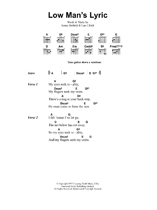 Metallica Low Man's Lyric sheet music notes and chords. Download Printable PDF.