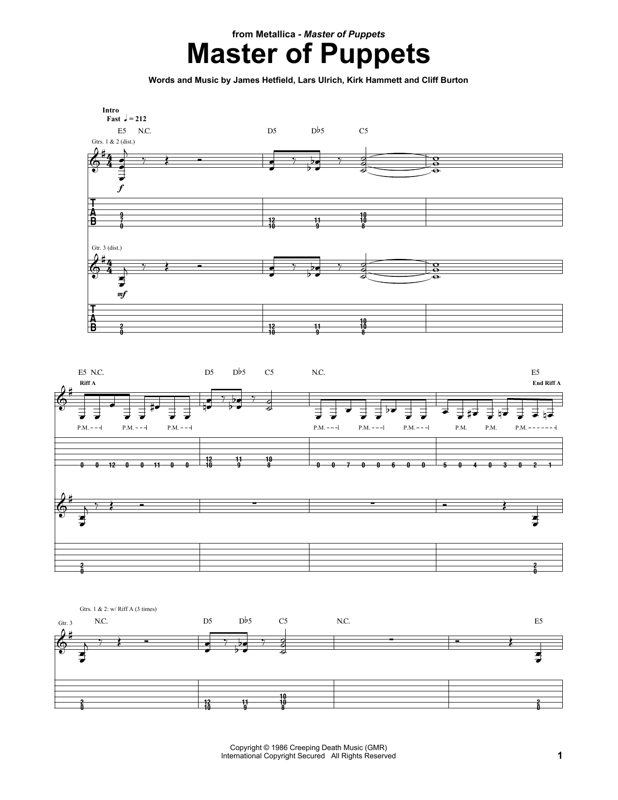 Metallica Master Of Puppets sheet music notes and chords. Download Printable PDF.