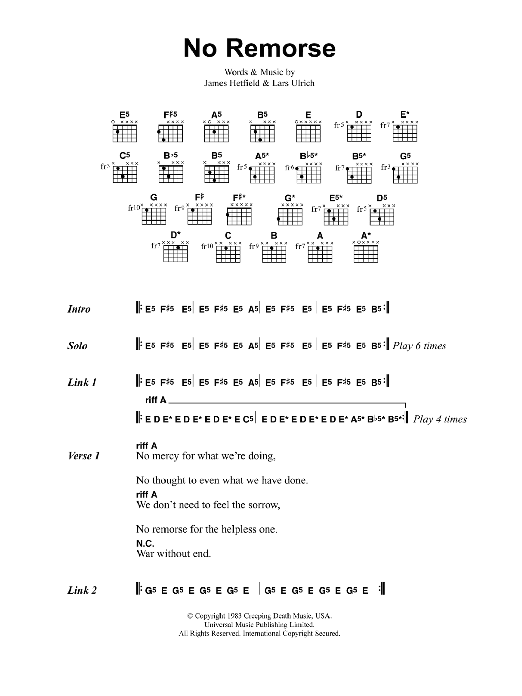 Metallica No Remorse sheet music notes and chords. Download Printable PDF.