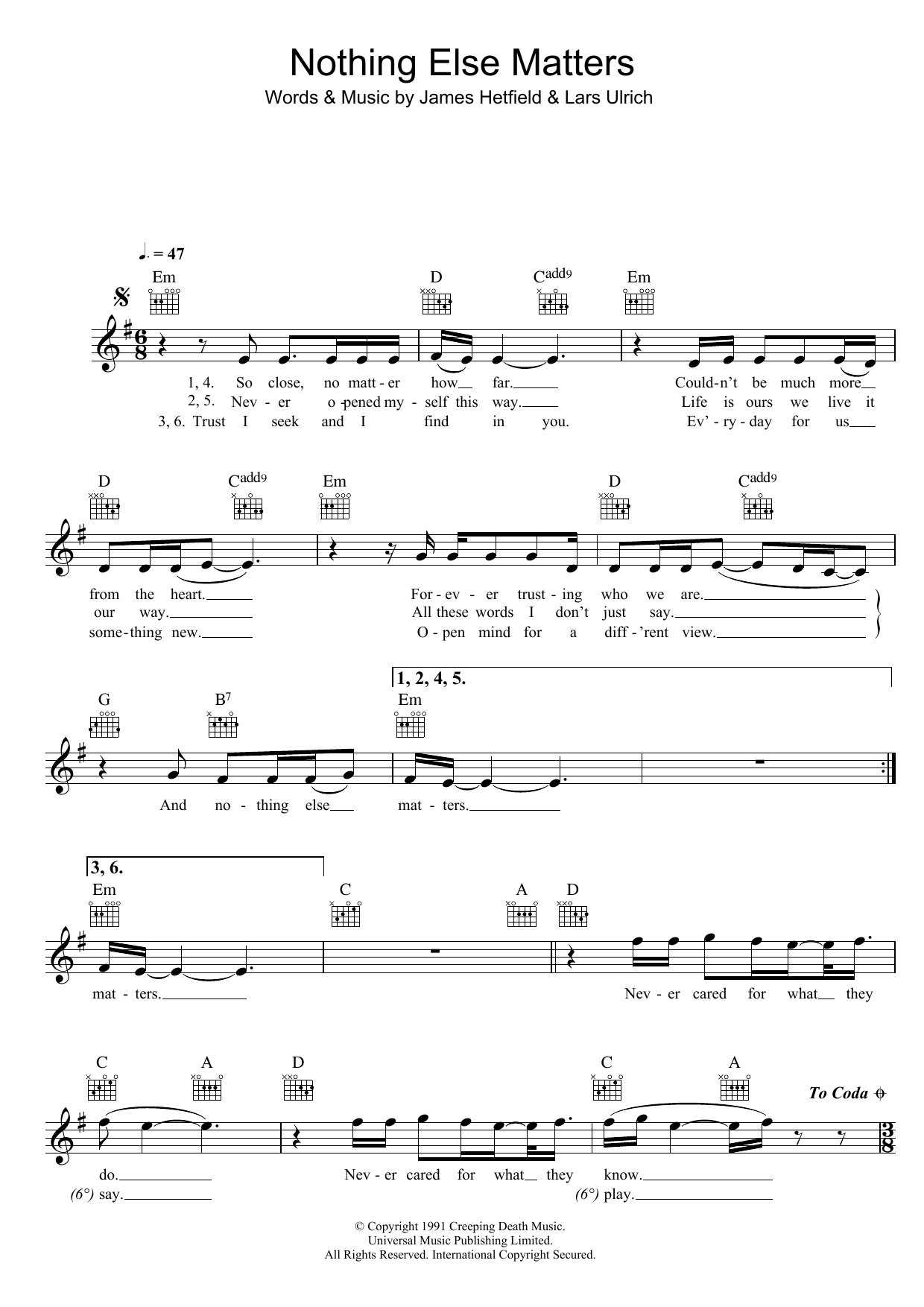 Metallica Nothing Else Matters sheet music notes and chords arranged for Beginner Piano (Abridged)