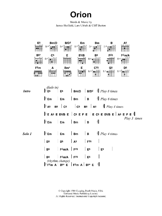 Metallica Orion sheet music notes and chords. Download Printable PDF.