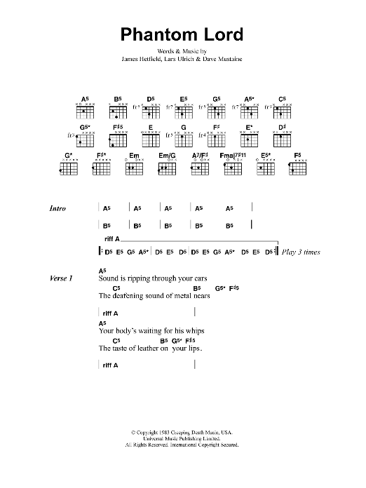 Metallica Phantom Lord sheet music notes and chords. Download Printable PDF.