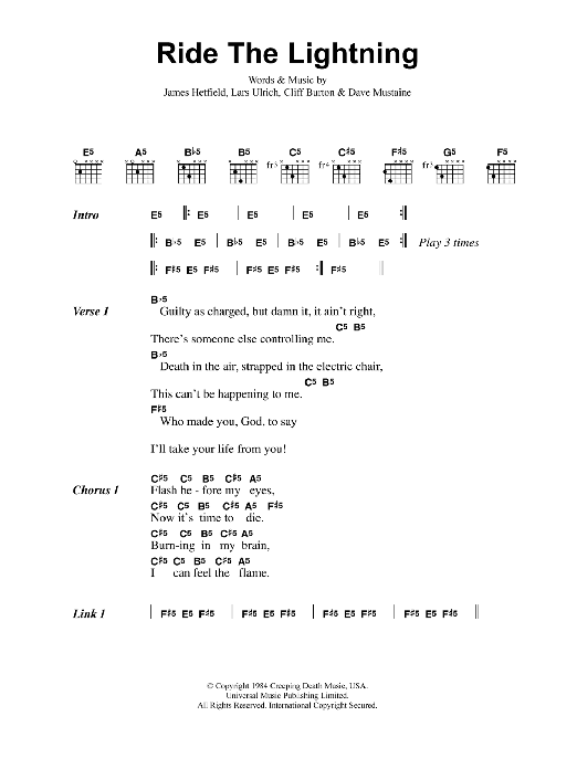 Metallica Ride The Lightning sheet music notes and chords. Download Printable PDF.