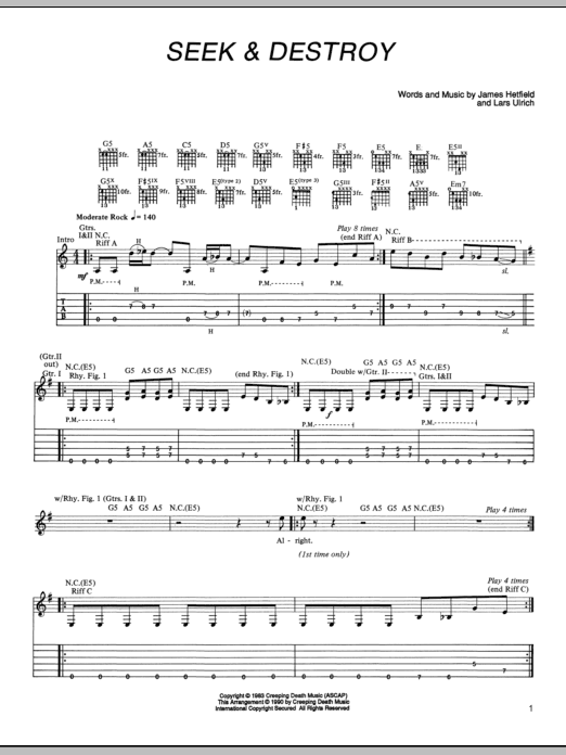 Metallica Seek & Destroy sheet music notes and chords. Download Printable PDF.