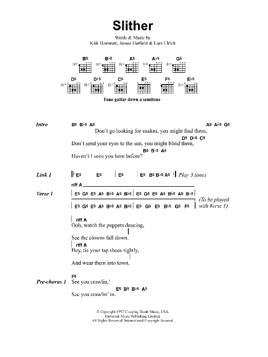 Metallica Slither sheet music notes and chords. Download Printable PDF.