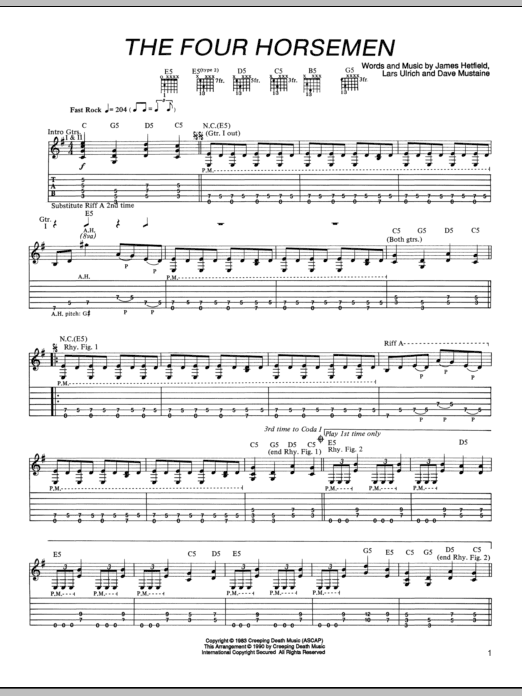 Metallica The Four Horsemen sheet music notes and chords. Download Printable PDF.