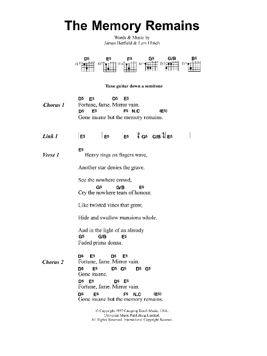 Metallica The Memory Remains sheet music notes and chords. Download Printable PDF.