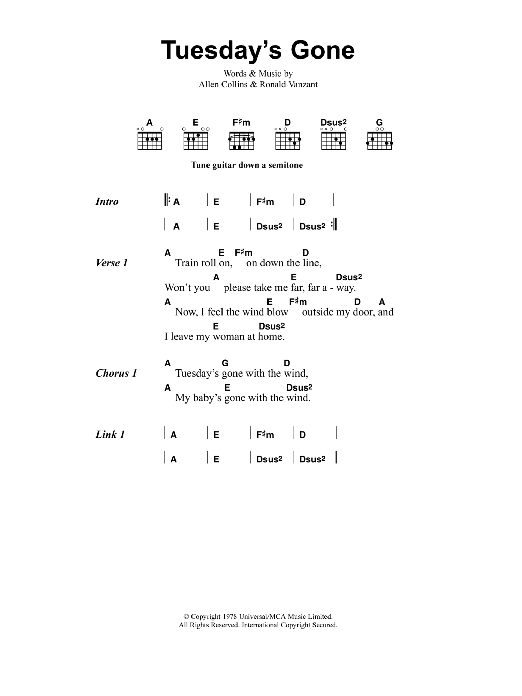 Metallica Tuesday's Gone sheet music notes and chords. Download Printable PDF.