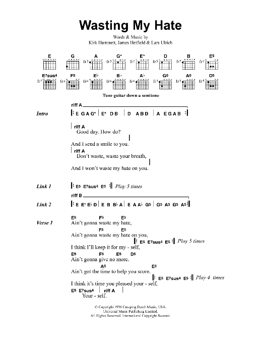 Metallica Wasting My Hate sheet music notes and chords. Download Printable PDF.