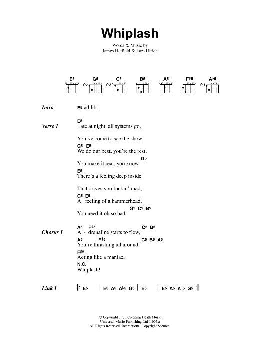 Metallica Whiplash sheet music notes and chords. Download Printable PDF.