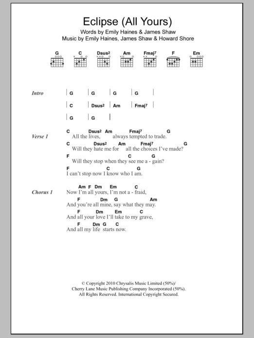 Metric Eclipse (All Yours) sheet music notes and chords arranged for Piano, Vocal & Guitar Chords