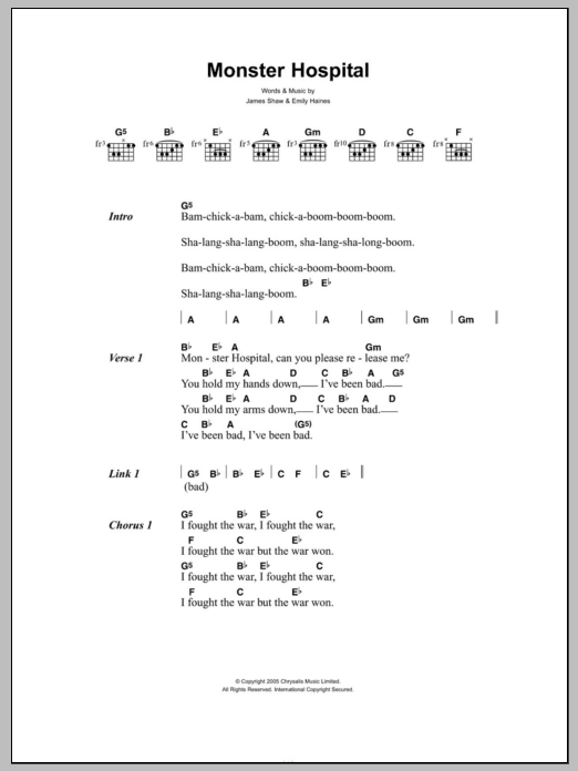 Learn to play Metric Monster Hospital sheet music for Guitar Chords/Lyrics in minutes. Price: 4.4900$ Metric Monster Hospital sheet music notes and chords arranged for Guitar Chords/Lyrics