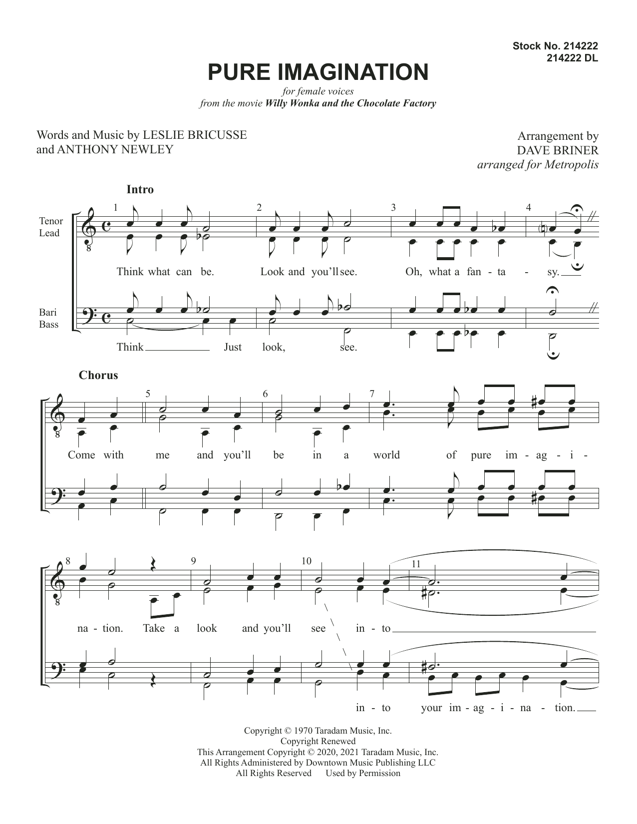 Learn to play Metropolis Pure Imagination (arr. Dave Briner) sheet music for SSAA Choir in minutes. Price: 3.9900$ Metropolis Pure Imagination (arr. Dave Briner) sheet music notes and chords arranged for SSAA Choir