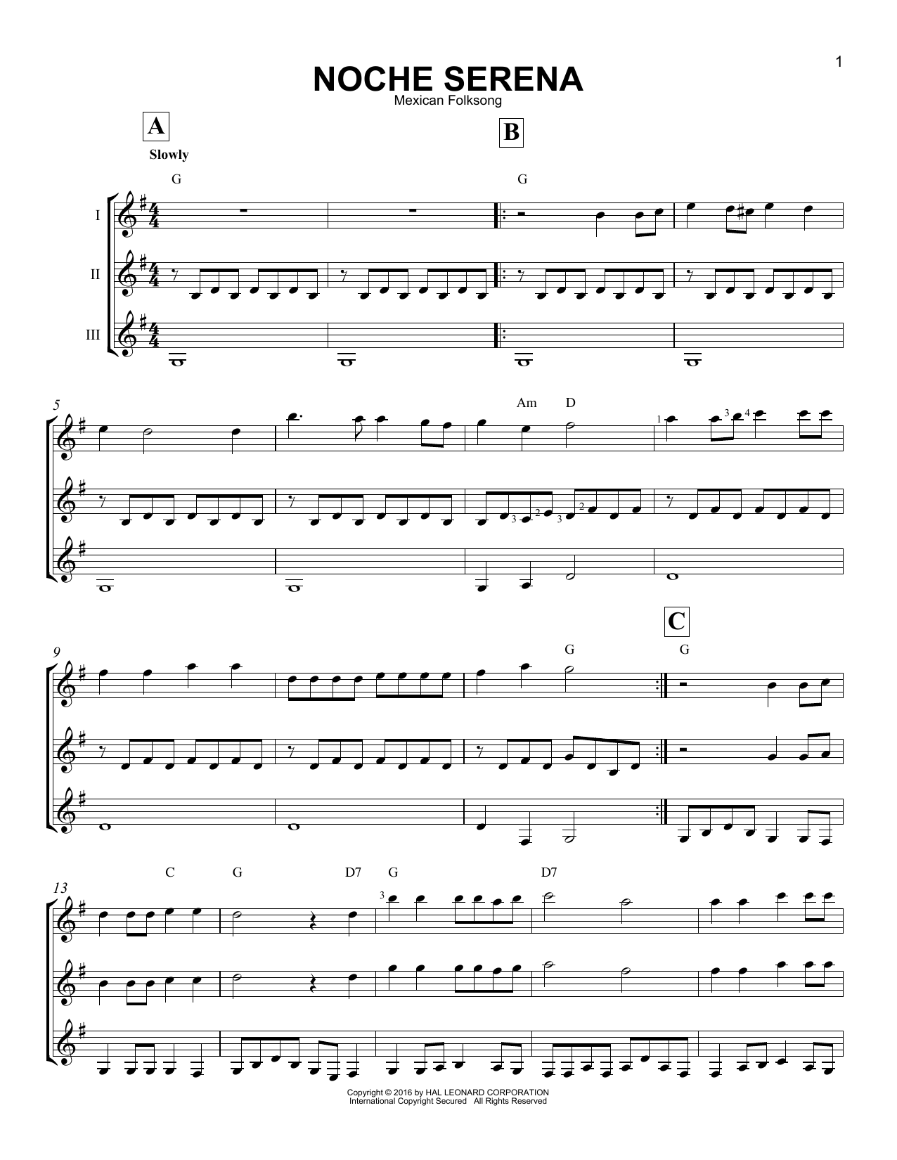 Mexican Folksong Noche Serena sheet music notes and chords. Download Printable PDF.