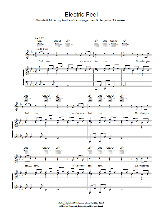 MGMT Electric Feel sheet music notes and chords. Download Printable PDF.