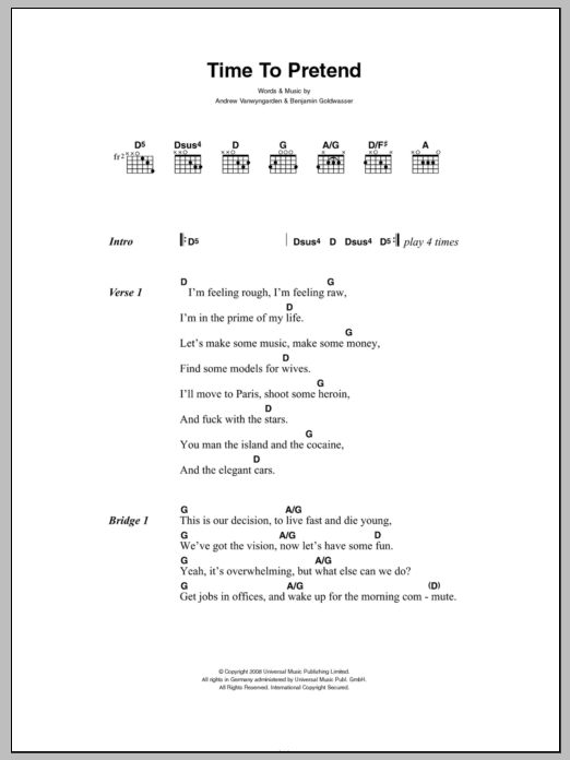 MGMT Time To Pretend sheet music notes and chords. Download Printable PDF.