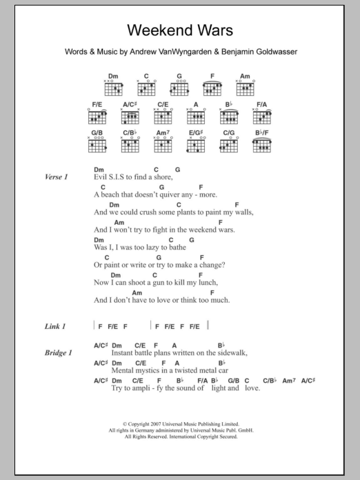 MGMT Weekend Wars sheet music notes and chords. Download Printable PDF.