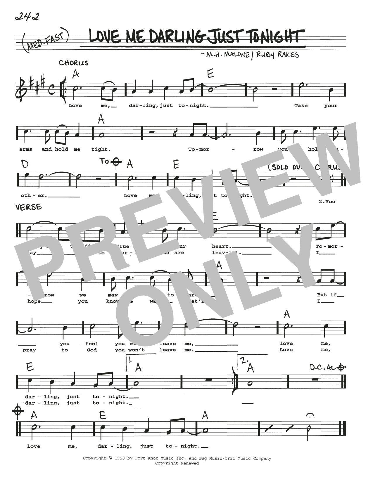 M.H. Malone Love Me Darling Just Tonight sheet music notes and chords arranged for Real Book – Melody, Lyrics & Chords