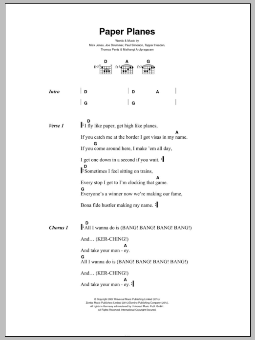 M.I.A. Paper Planes sheet music notes and chords. Download Printable PDF.