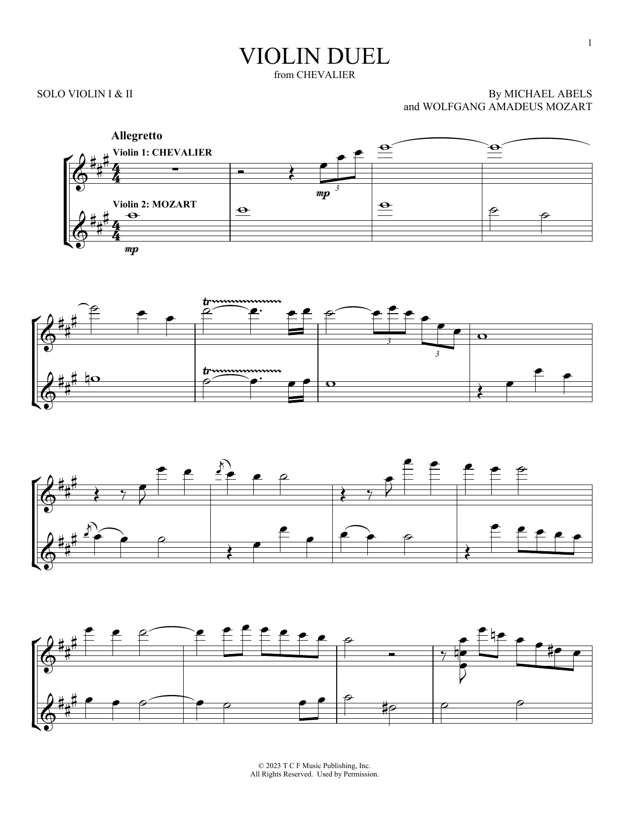 Michael Abels Violin Duel (from Chevalier) sheet music notes and chords. Download Printable PDF.