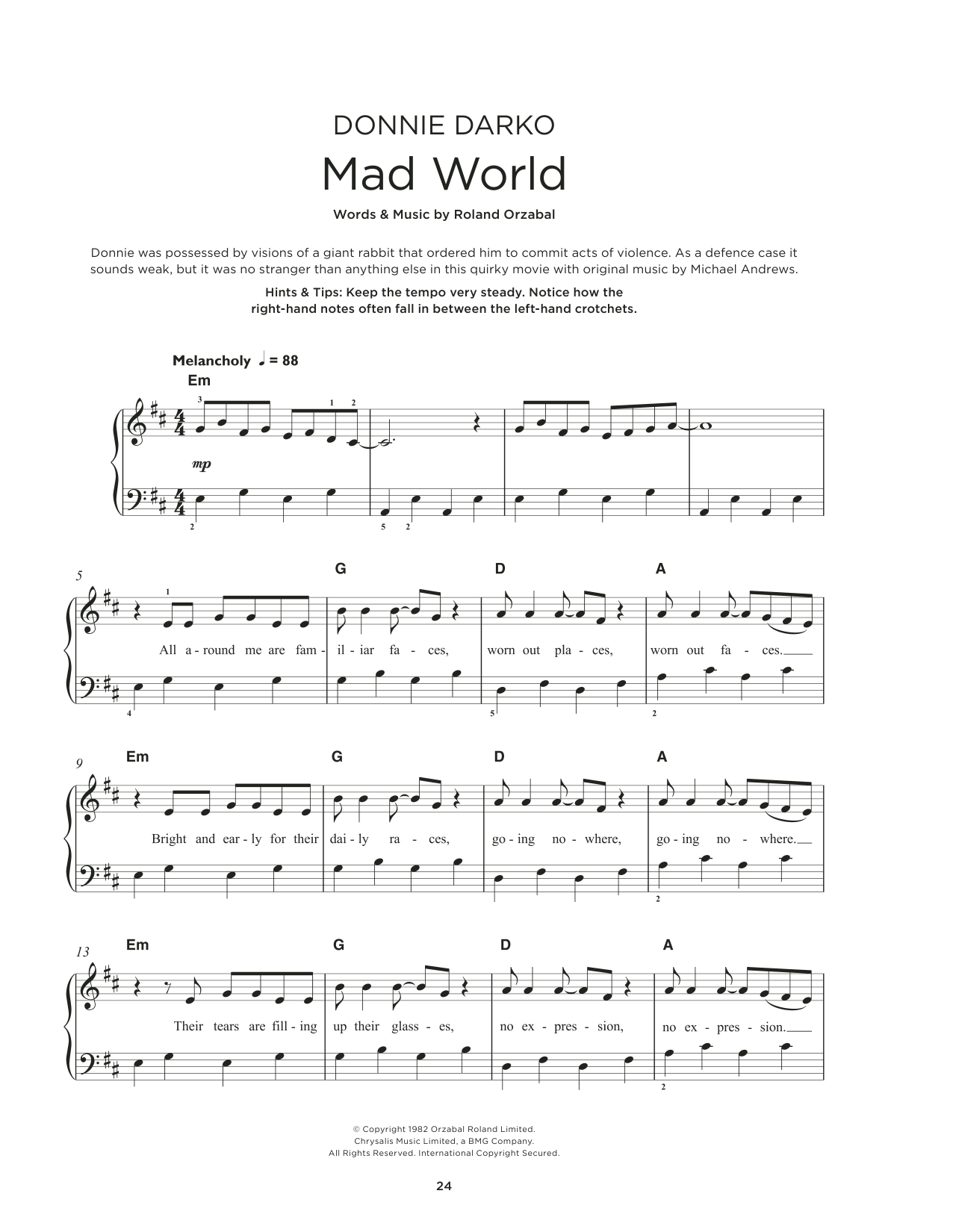 Michael Andrews Mad World (feat. Gary Jules) sheet music notes and chords. Download Printable PDF.