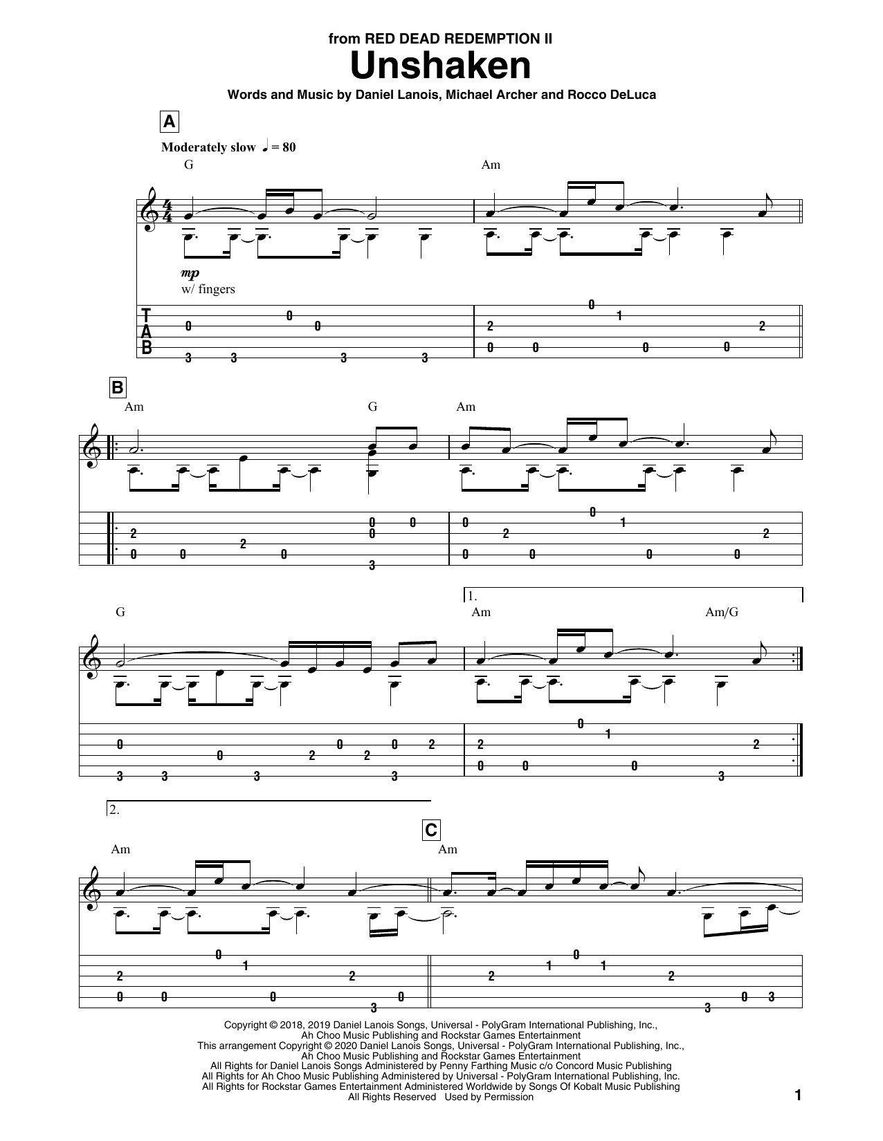 Michael Archer Unshaken (from Red Dead Redemption 2) sheet music notes and chords arranged for Solo Guitar