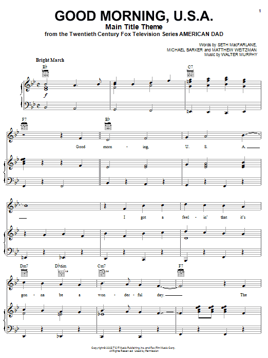 Learn to play Seth MacFarlane American Dad - Main Title Theme (Good Morning U.S.A.) sheet music for Piano, Vocal & Guitar Chords (Right-Hand Melody) in minutes. Price: 7.8900$ Seth MacFarlane American Dad - Main Title Theme (Good Morning U.S.A.) sheet music notes and chords arranged for Piano, Vocal & Guitar Chords (Right-Hand Melody)