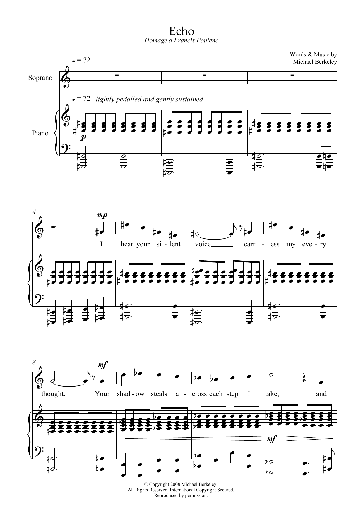 Learn to play Michael Berkeley Echo: hommage a Francis Poulenc (for mezzo-soprano and piano) sheet music for Piano & Vocal in minutes. Price: 7.8900$ Michael Berkeley Echo: hommage a Francis Poulenc (for mezzo-soprano and piano) sheet music notes and chords arranged for Piano & Vocal