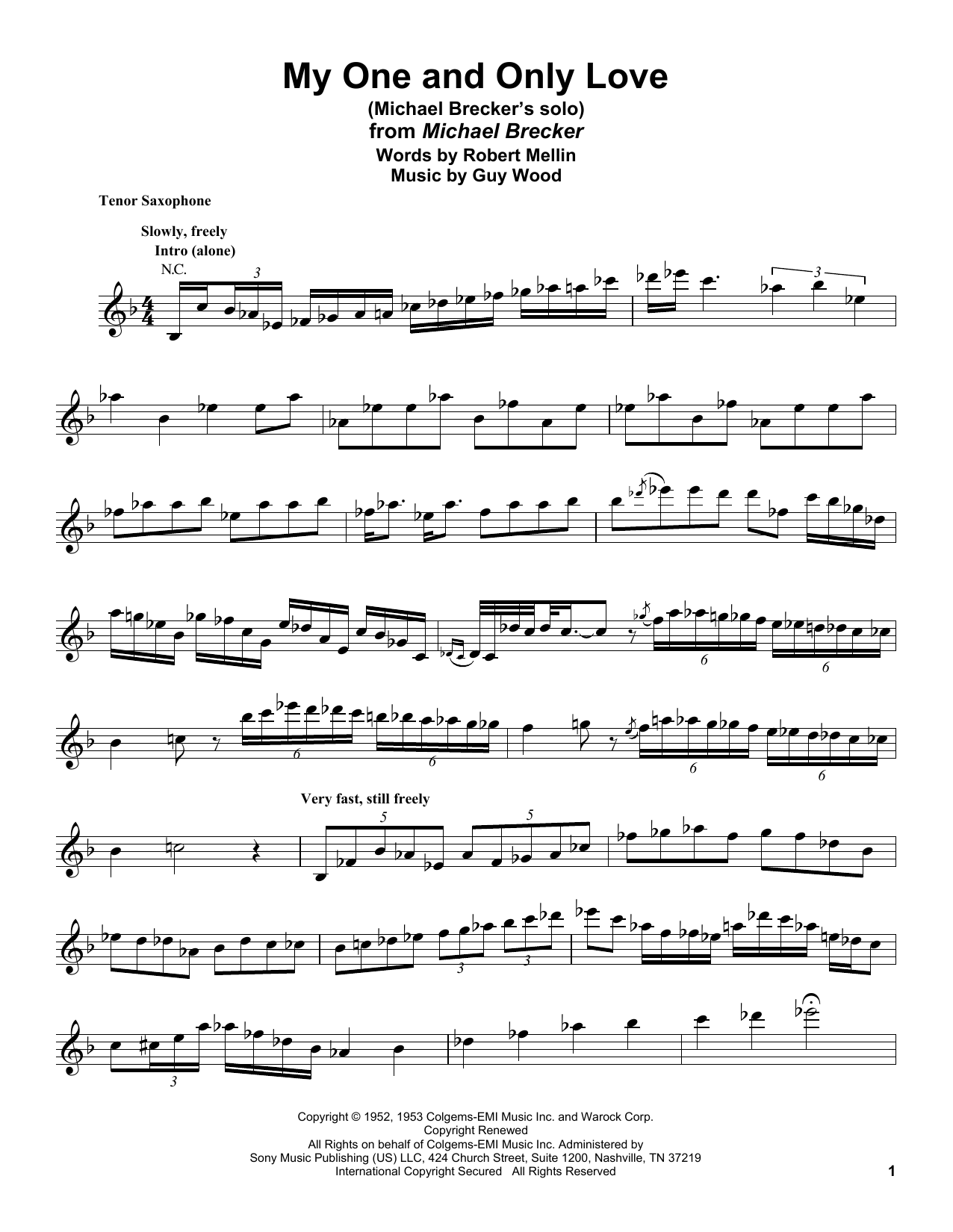 Michael Brecker My One And Only Love sheet music notes and chords. Download Printable PDF.