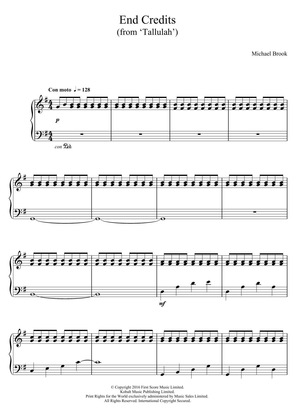 Learn to play Michael Brook End Credits (from 'Tallulah') sheet music for Piano Solo in minutes. Price: 7.8900$ Michael Brook End Credits (from 'Tallulah') sheet music notes and chords arranged for Piano Solo