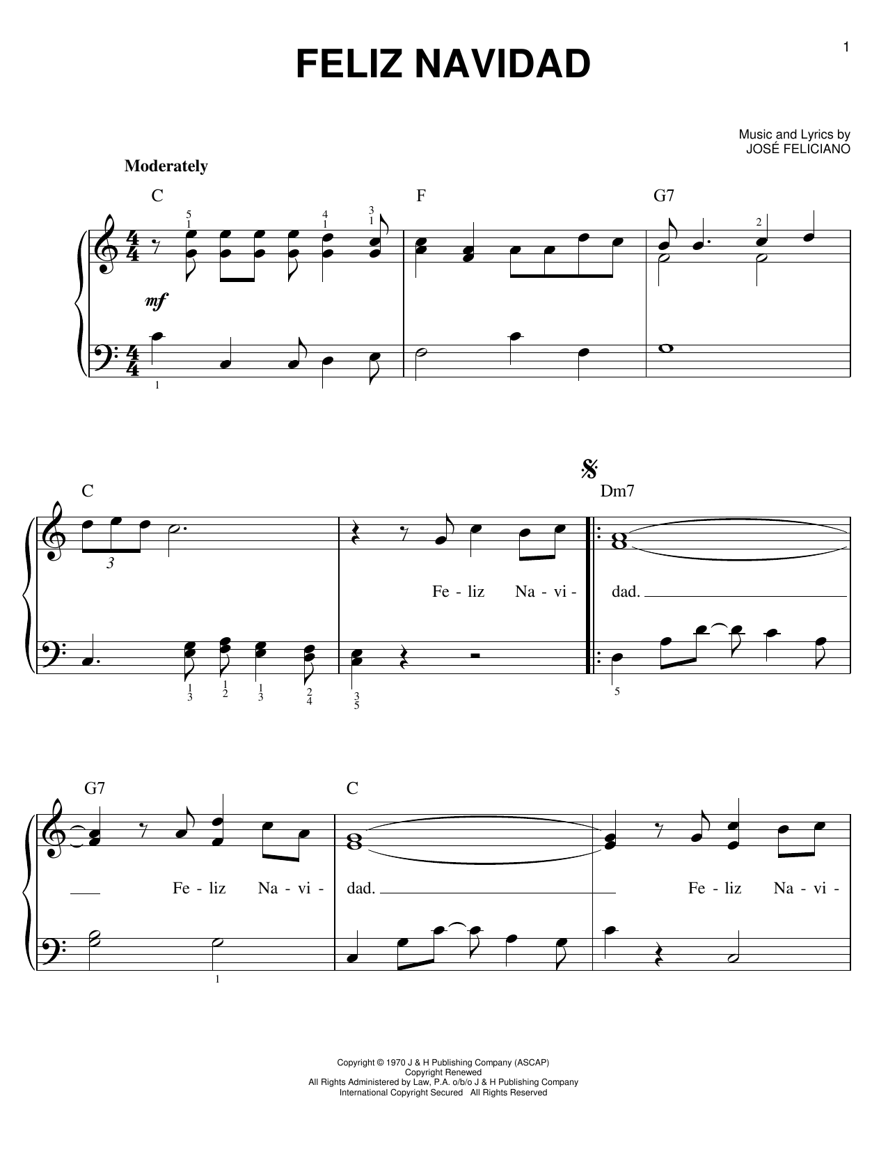 Jose Feliciano Feliz Navidad sheet music notes and chords. Download Printable PDF.