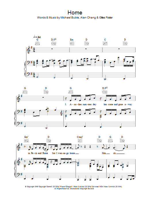 Michael Buble Home sheet music notes and chords. Download Printable PDF.