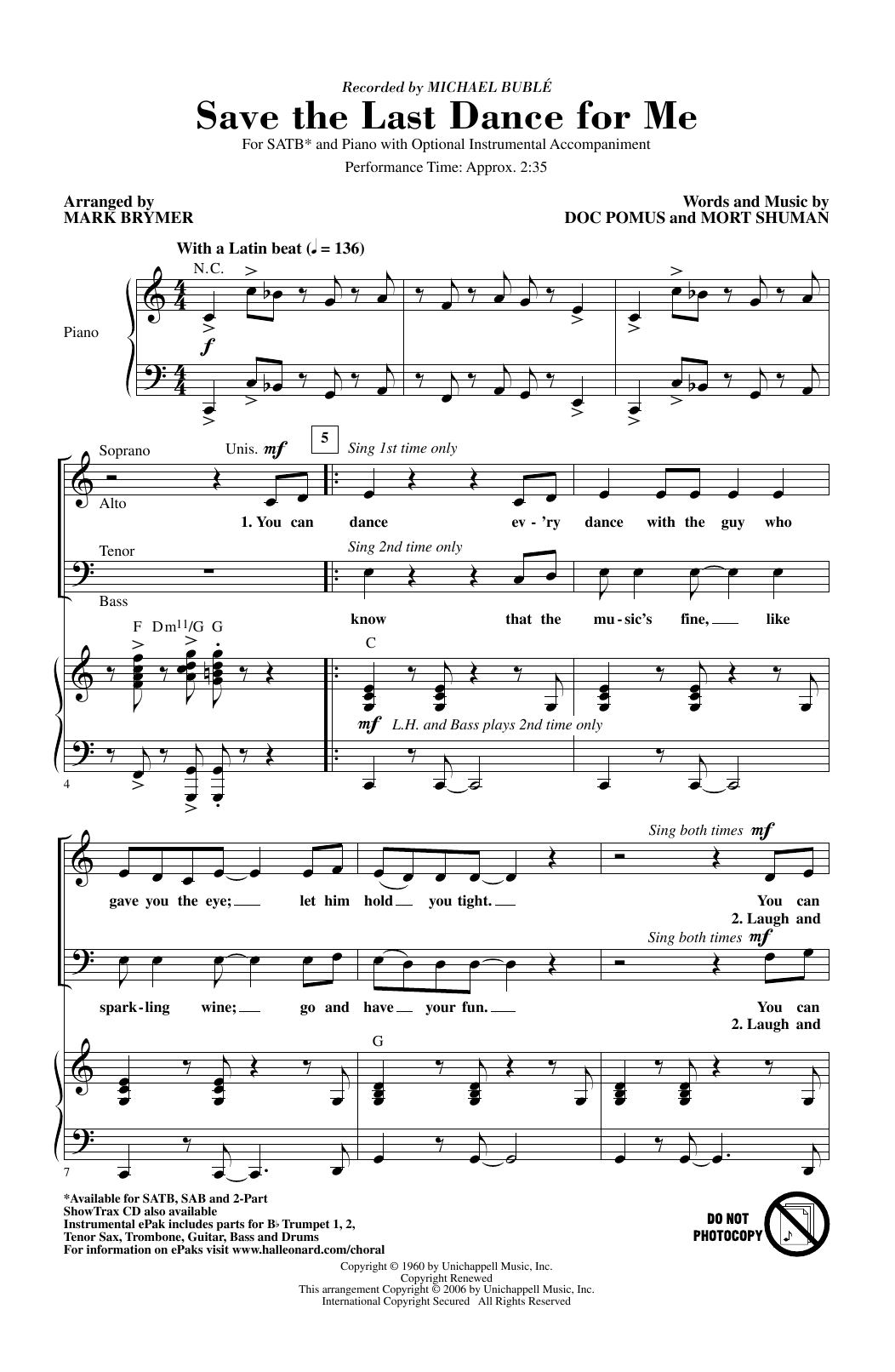 Michael Buble Save The Last Dance For Me (arr. Mark Brymer) sheet music notes and chords arranged for SATB Choir