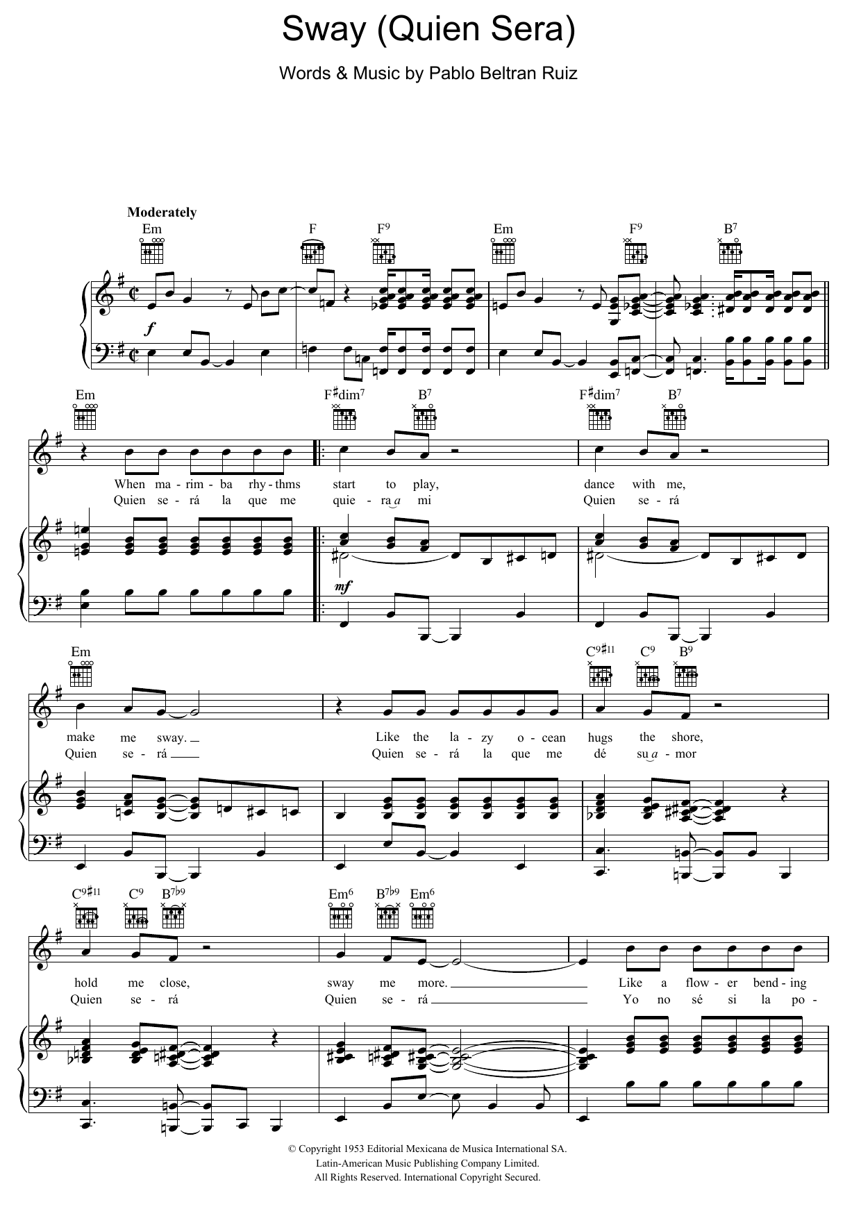 Michael Bublé Sway (Quien Sera) sheet music notes and chords. Download Printable PDF.