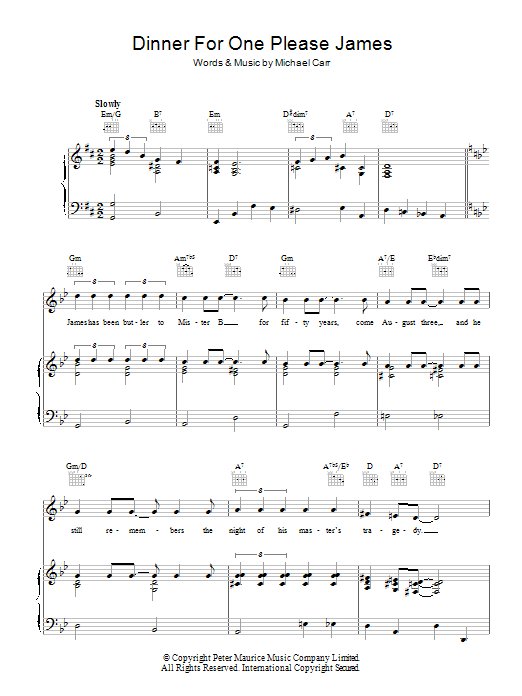 Learn to play Michael Carr Dinner For One, Please James sheet music for Real Book – Melody & Chords in minutes. Price: 5.9900$ Michael Carr Dinner For One, Please James sheet music notes and chords arranged for Real Book – Melody & Chords