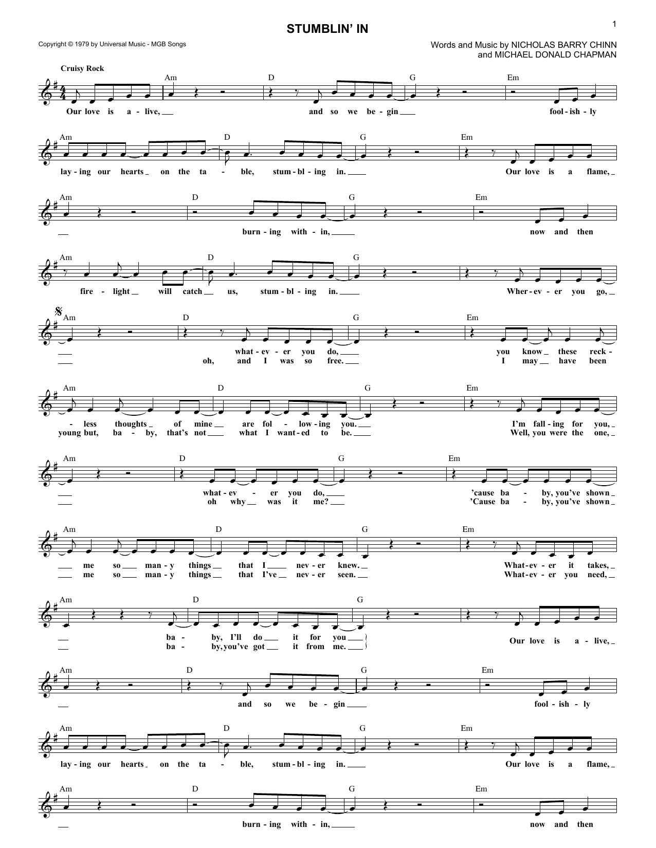 Learn to play Michael Donald Chapman Stumblin' In sheet music for Lead Sheet / Fake Book in minutes. Price: 5.9900$ Michael Donald Chapman Stumblin' In sheet music notes and chords arranged for Lead Sheet / Fake Book