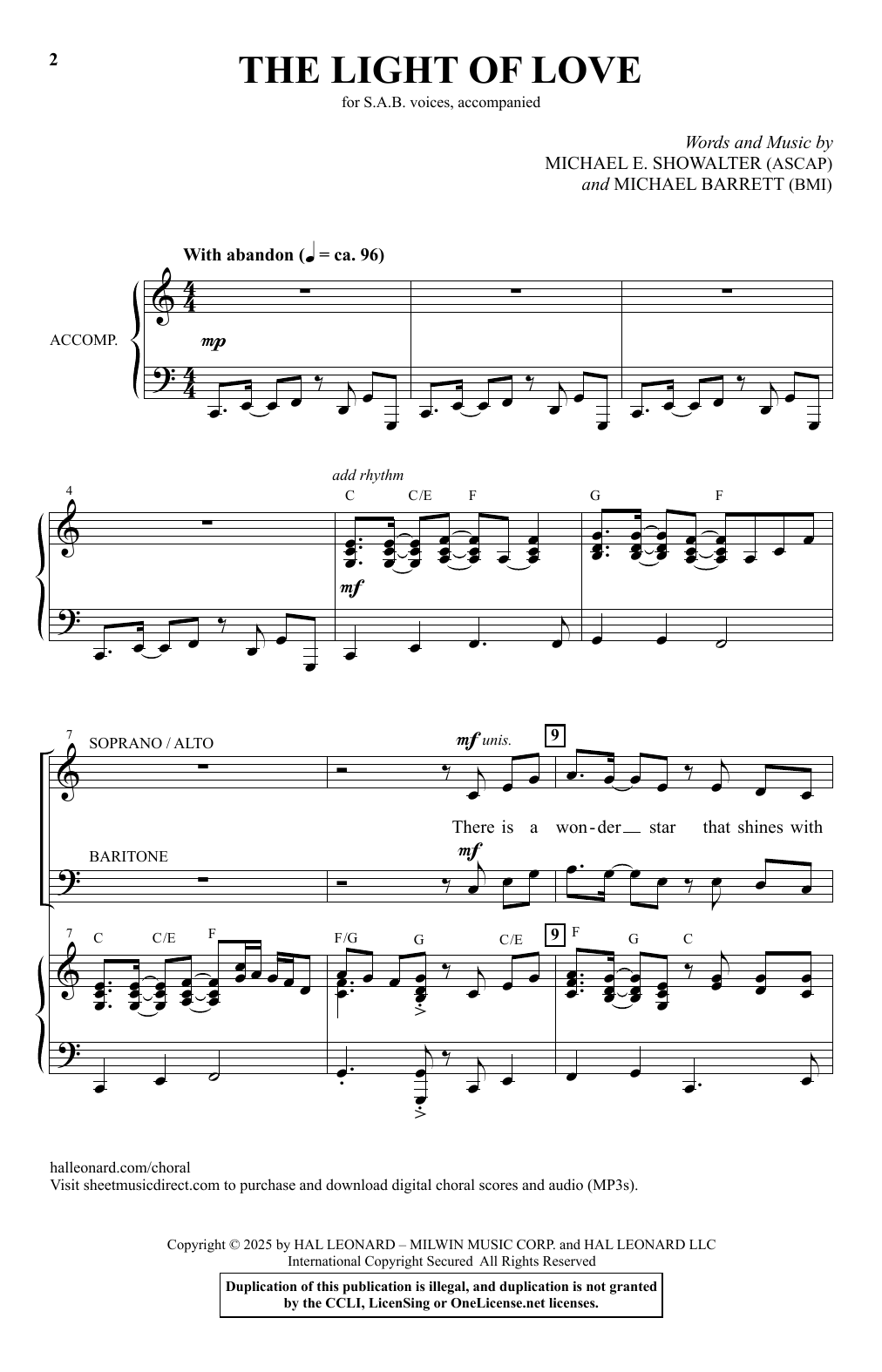 Learn to play Michael E. Showalter and Michael Barrett The Light Of Love sheet music for SAB Choir in minutes. Price: 3.9900$ Michael E. Showalter and Michael Barrett The Light Of Love sheet music notes and chords arranged for SAB Choir