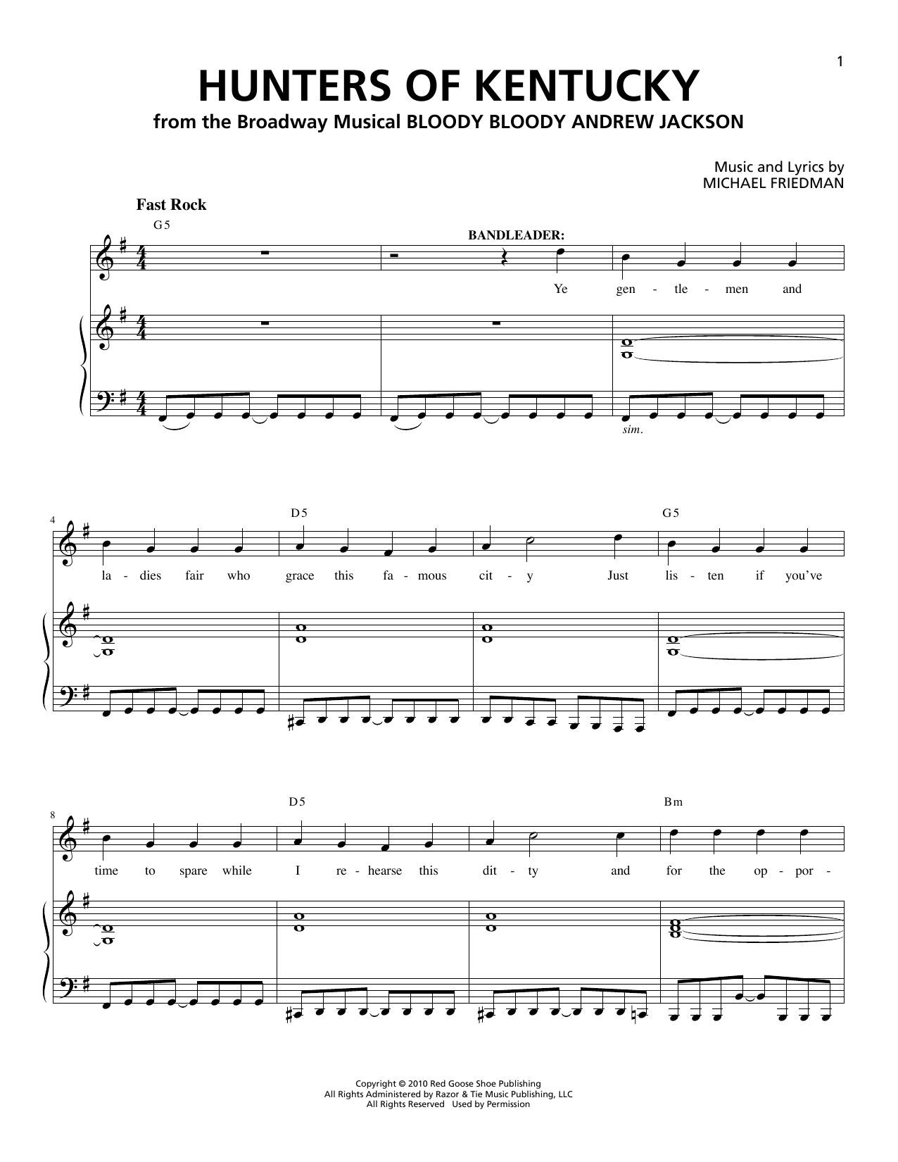 Learn to play Michael Friedman Hunters Of Kentucky sheet music for Piano & Vocal in minutes. Price: 7.8900$ Michael Friedman Hunters Of Kentucky sheet music notes and chords arranged for Piano & Vocal