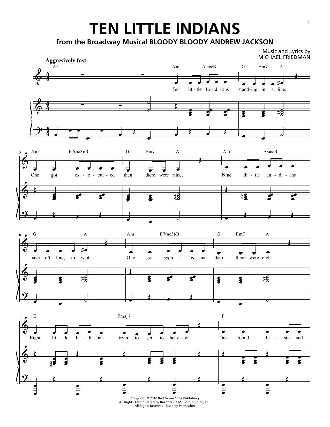 Learn to play Michael Friedman Ten Little Indians sheet music for Piano & Vocal in minutes. Price: 7.8900$ Michael Friedman Ten Little Indians sheet music notes and chords arranged for Piano & Vocal