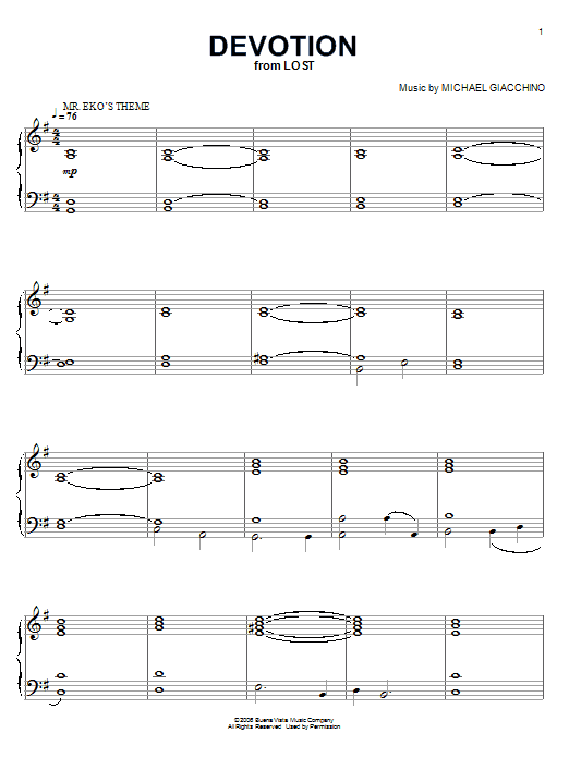 Learn to play Michael Giacchino Devotion (from Lost) sheet music for Piano Solo in minutes. Price: 7.8900$ Michael Giacchino Devotion (from Lost) sheet music notes and chords arranged for Piano Solo