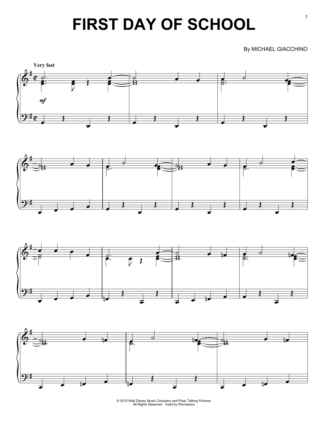 Learn to play Michael Giacchino First Day Of School sheet music for Piano Solo in minutes. Price: 7.8900$ Michael Giacchino First Day Of School sheet music notes and chords arranged for Piano Solo