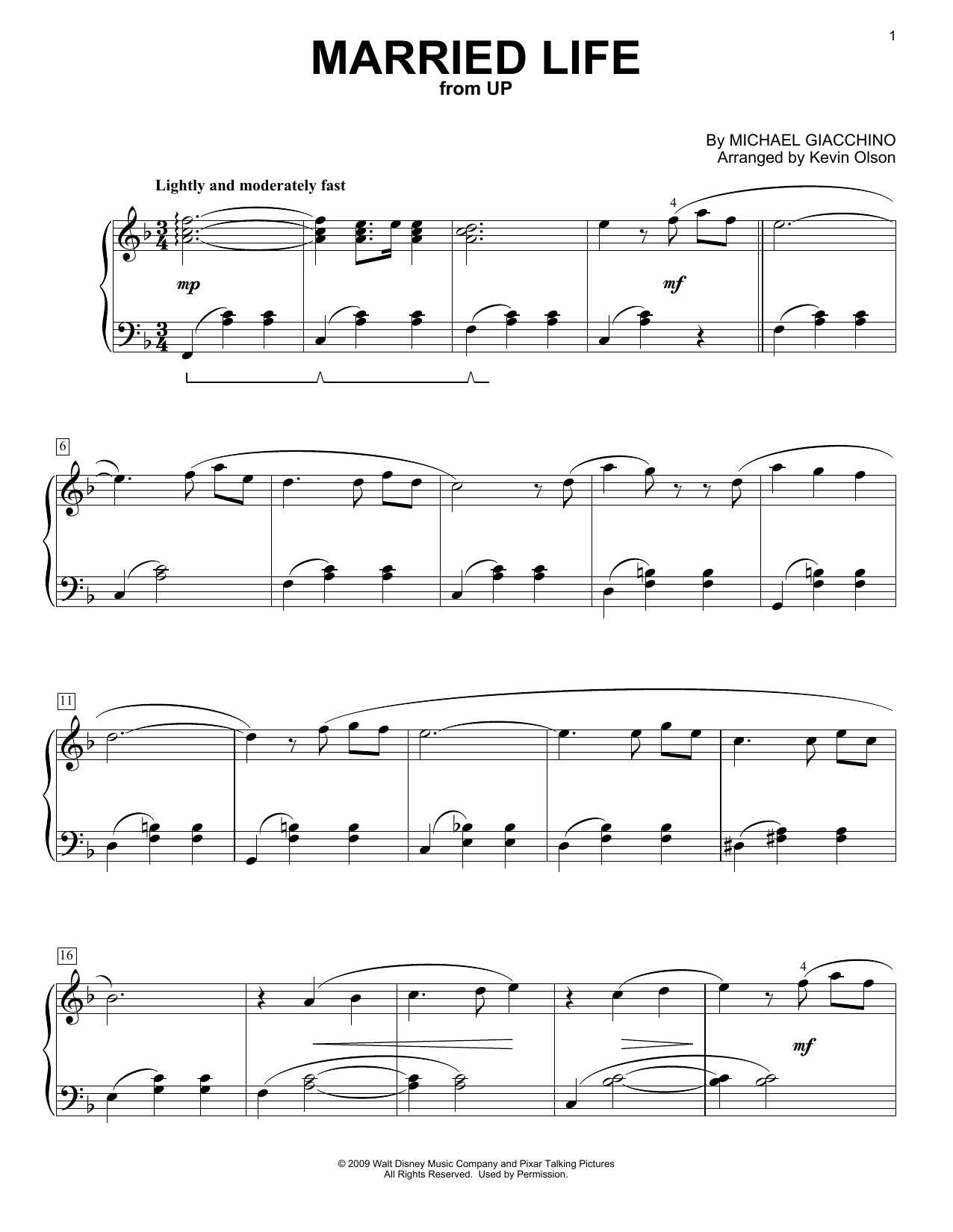 Michael Giacchino Married Life (from Up) (arr. Kevin Olson) sheet music notes and chords. Download Printable PDF.