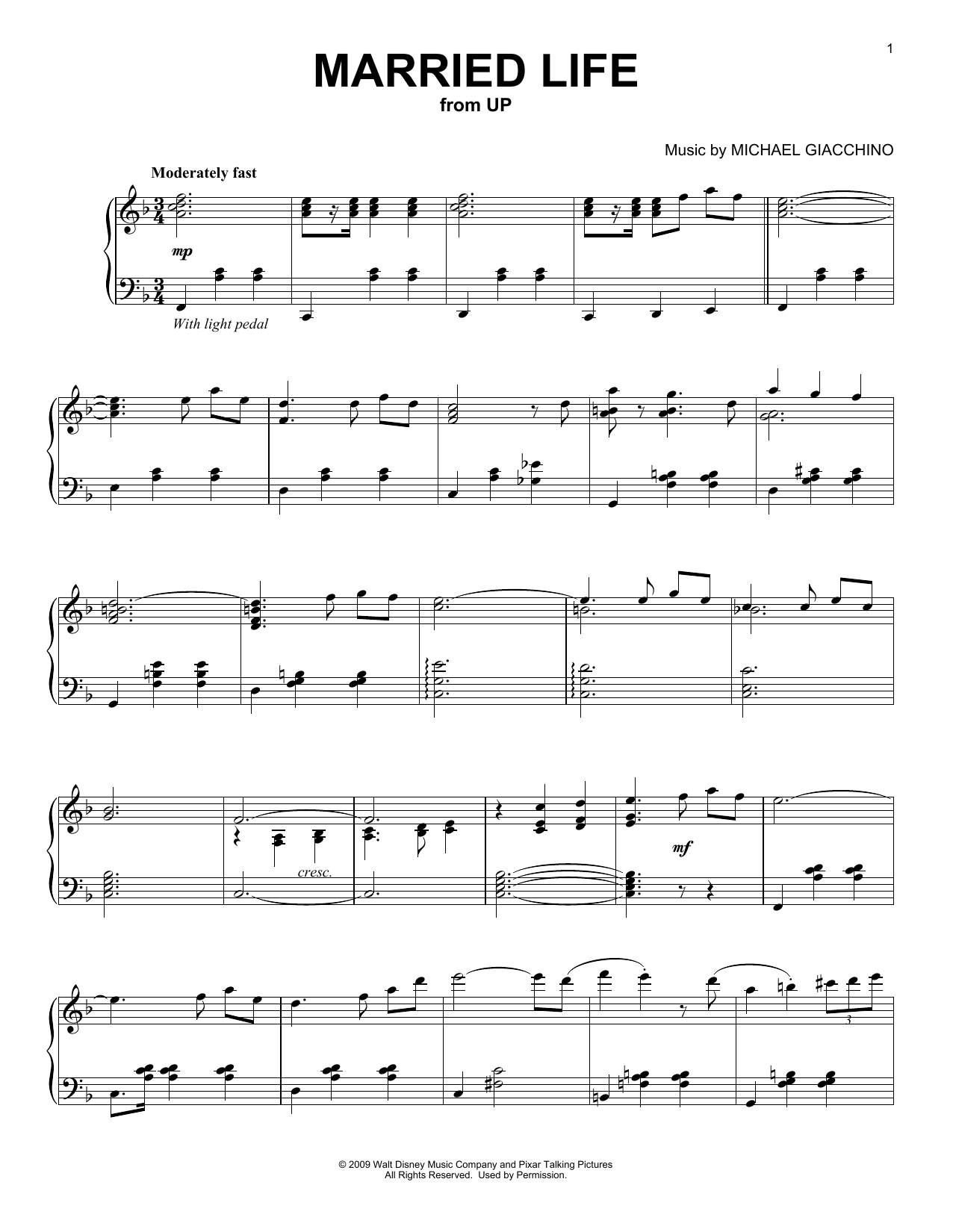 Michael Giacchino Married Life (from Up) sheet music notes and chords. Download Printable PDF.