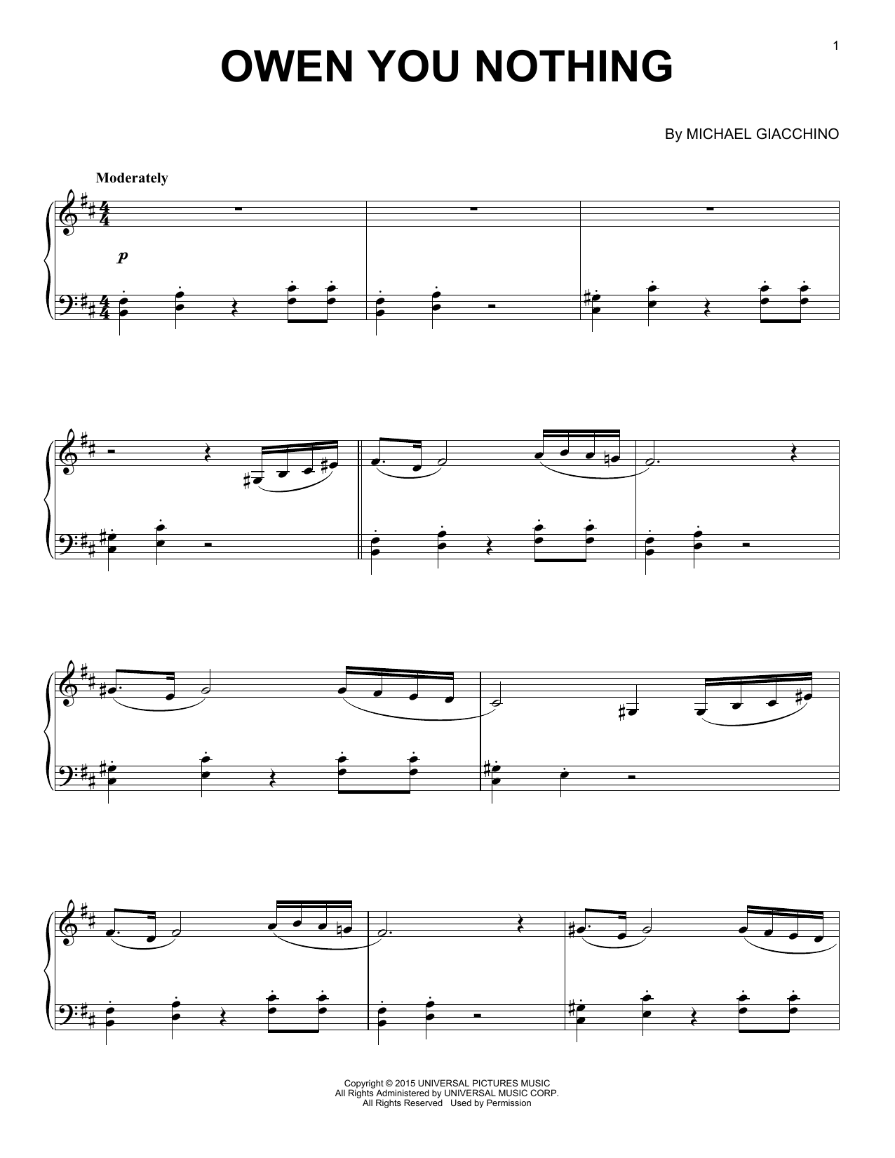 Learn to play Michael Giacchino Owen You Nothing sheet music for Piano Solo in minutes. Price: 7.8900$ Michael Giacchino Owen You Nothing sheet music notes and chords arranged for Piano Solo