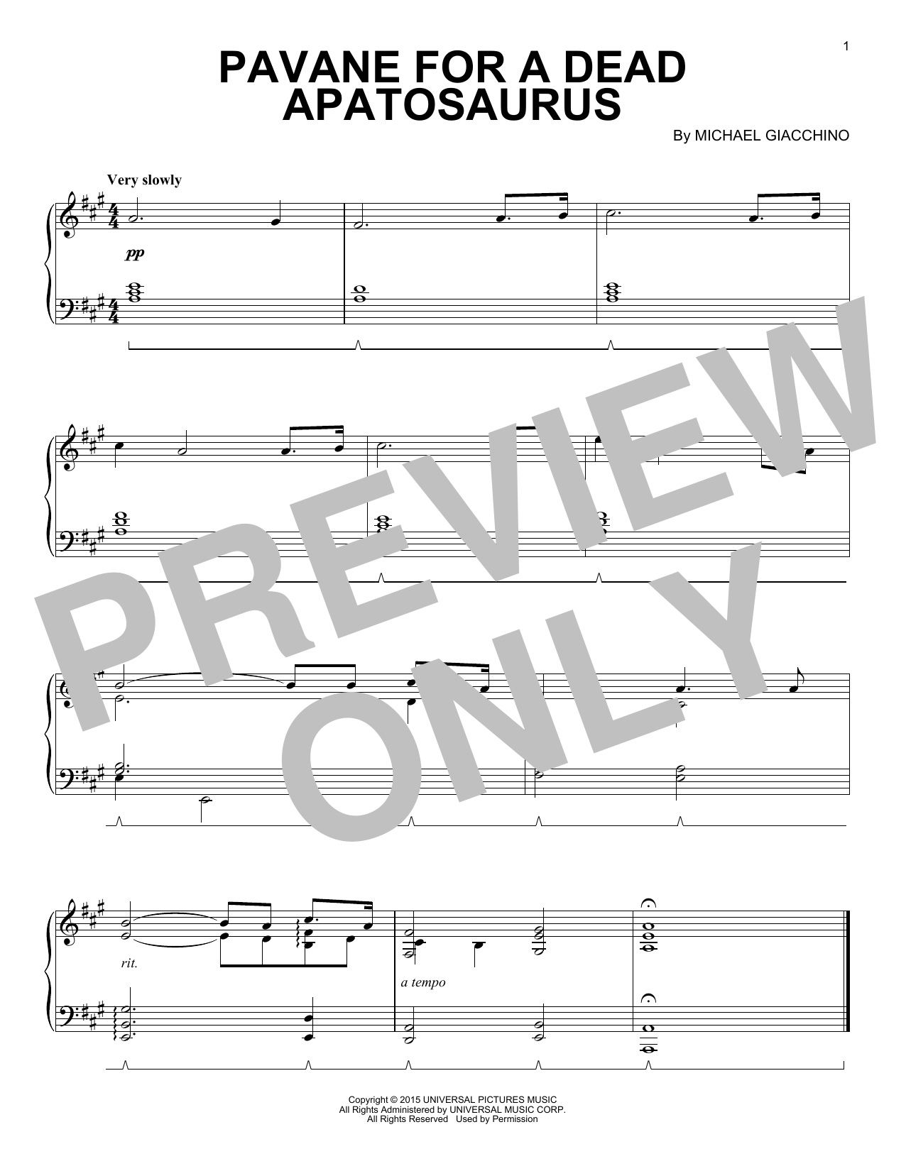 Learn to play Michael Giacchino Pavane For A Dead Apatosaurus sheet music for Piano Solo in minutes. Price: 7.8900$ Michael Giacchino Pavane For A Dead Apatosaurus sheet music notes and chords arranged for Piano Solo