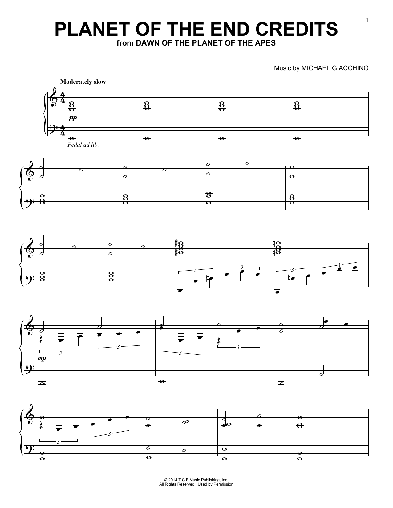 Learn to play Michael Giacchino Planet Of The End Credits (from Dawn Of The Planet Of The Apes) sheet music for Piano Solo in minutes. Price: 6.9900$ Michael Giacchino Planet Of The End Credits (from Dawn Of The Planet Of The Apes) sheet music notes and chords arranged for Piano Solo